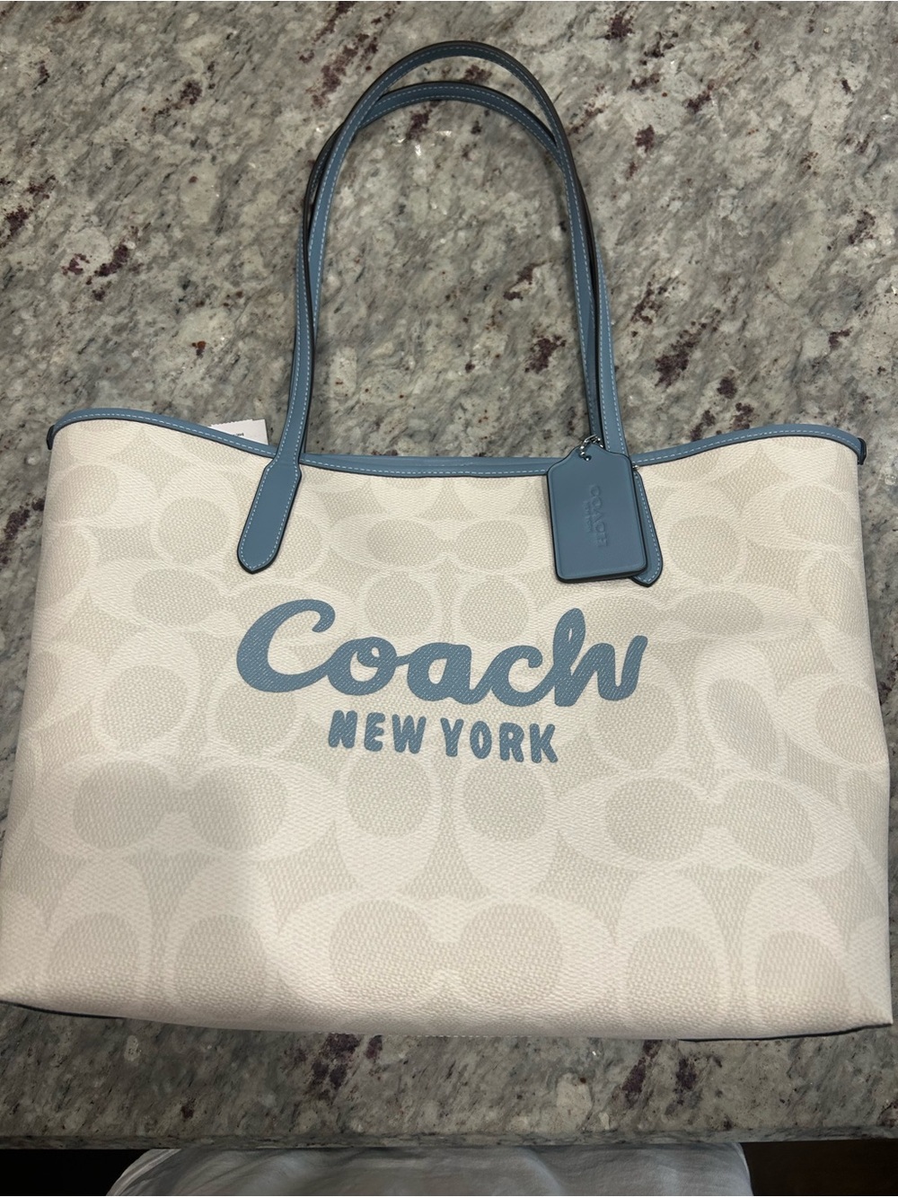 Coach White/Pale Grey/Blue Signature Tote with Blue Trim and Handles - Picture 6 of 6